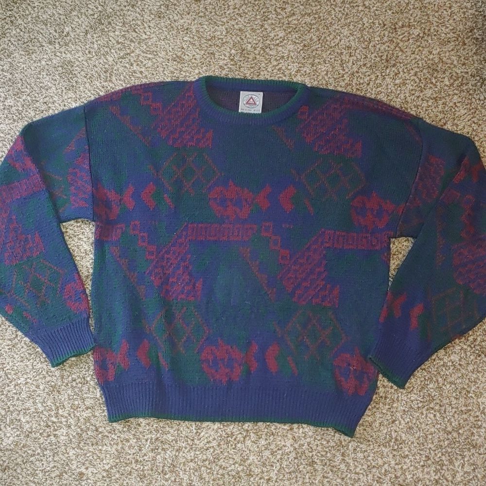 Vintage Peter Jon Sweater Unisex L 90s Blue Purple Knit Pullover